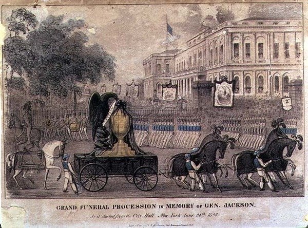 ジャクソン将軍を偲ぶ大葬列、ヘンリー・R・ロビンソン（fl.1833-51）が彫って出版したものです。 作： アメリカの学校
