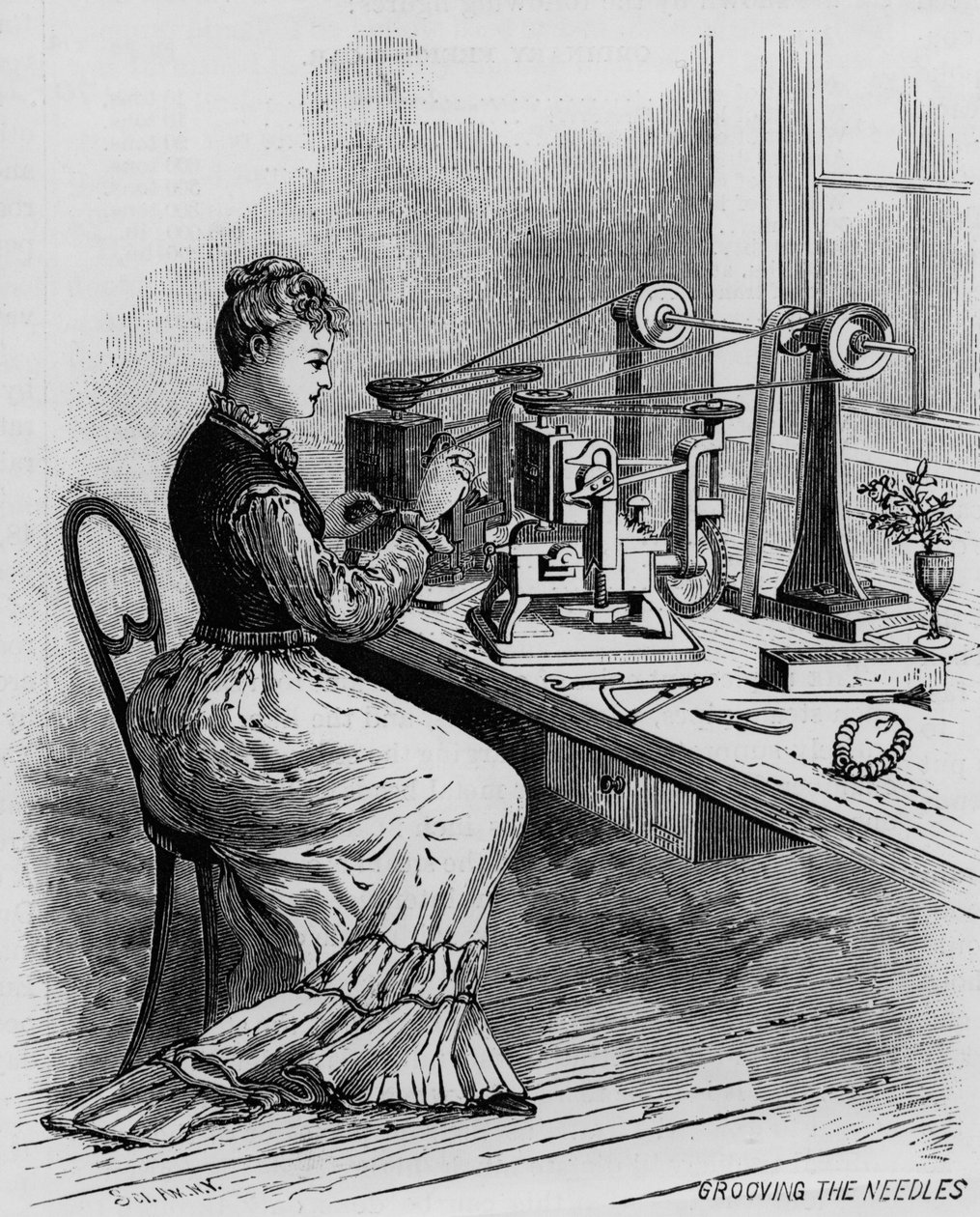 Scientific American誌のミシン製造を示すイラスト、1879年 作： アメリカの学校