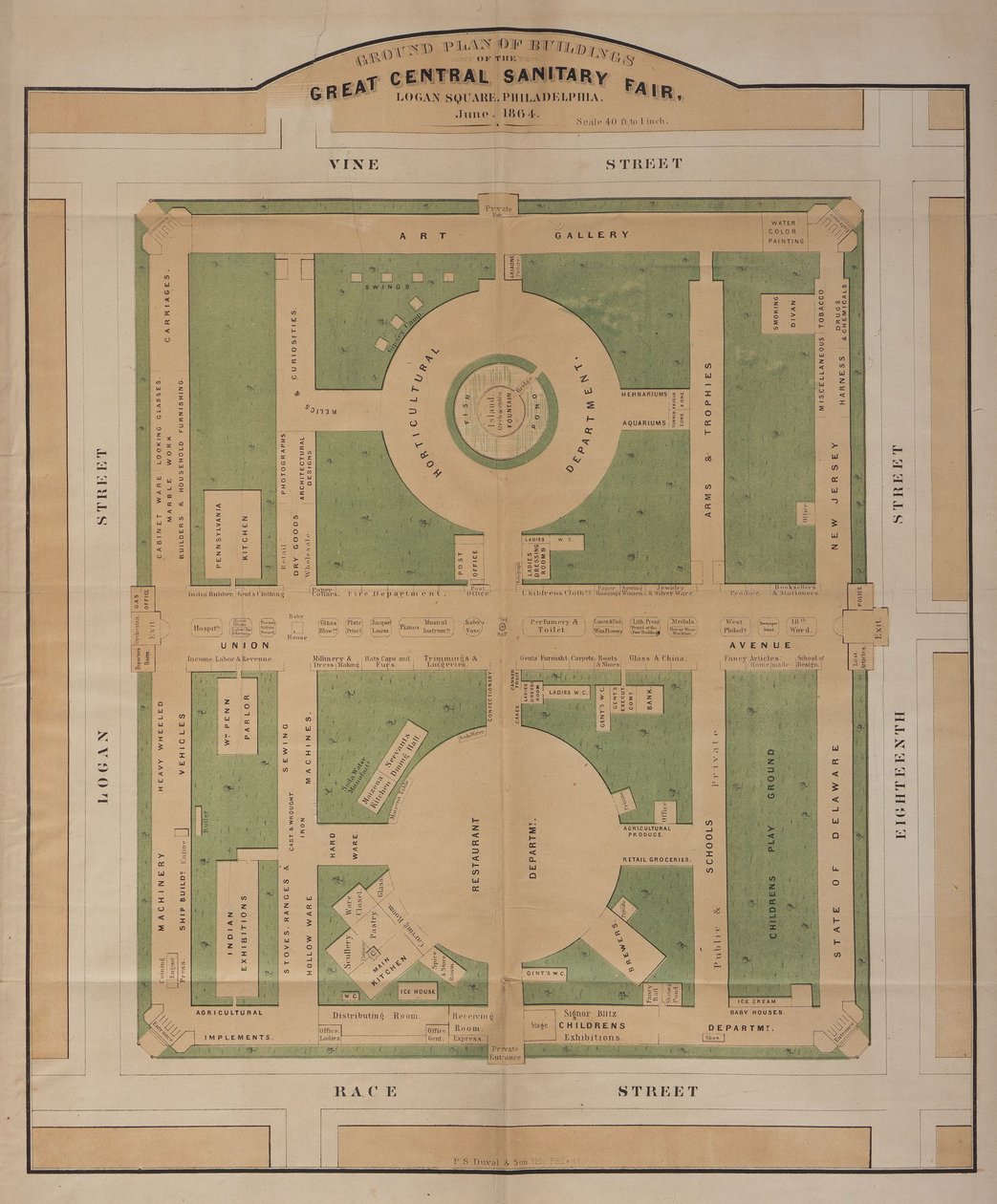1864年6月、ローガン・スクエアの中央衛生博覧会の建物の平面図（カラーリトグラフ） 作： アメリカの学校