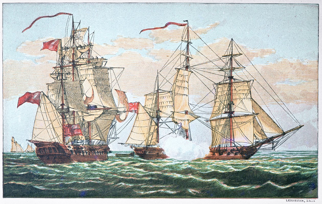 1812年戦争中の1813年、HMSシャノン号とアメリカのチェサピーク号の戦い（カラーリトグラフ 作： アメリカの学校