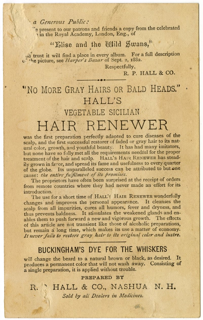 Halls Vegetable Sicilian Hair Renewer、白髪を元の色に戻し、脱毛を防ぎます。ヴェルソ（リトグラフ[トレーディングカード]） 作： アメリカの学校