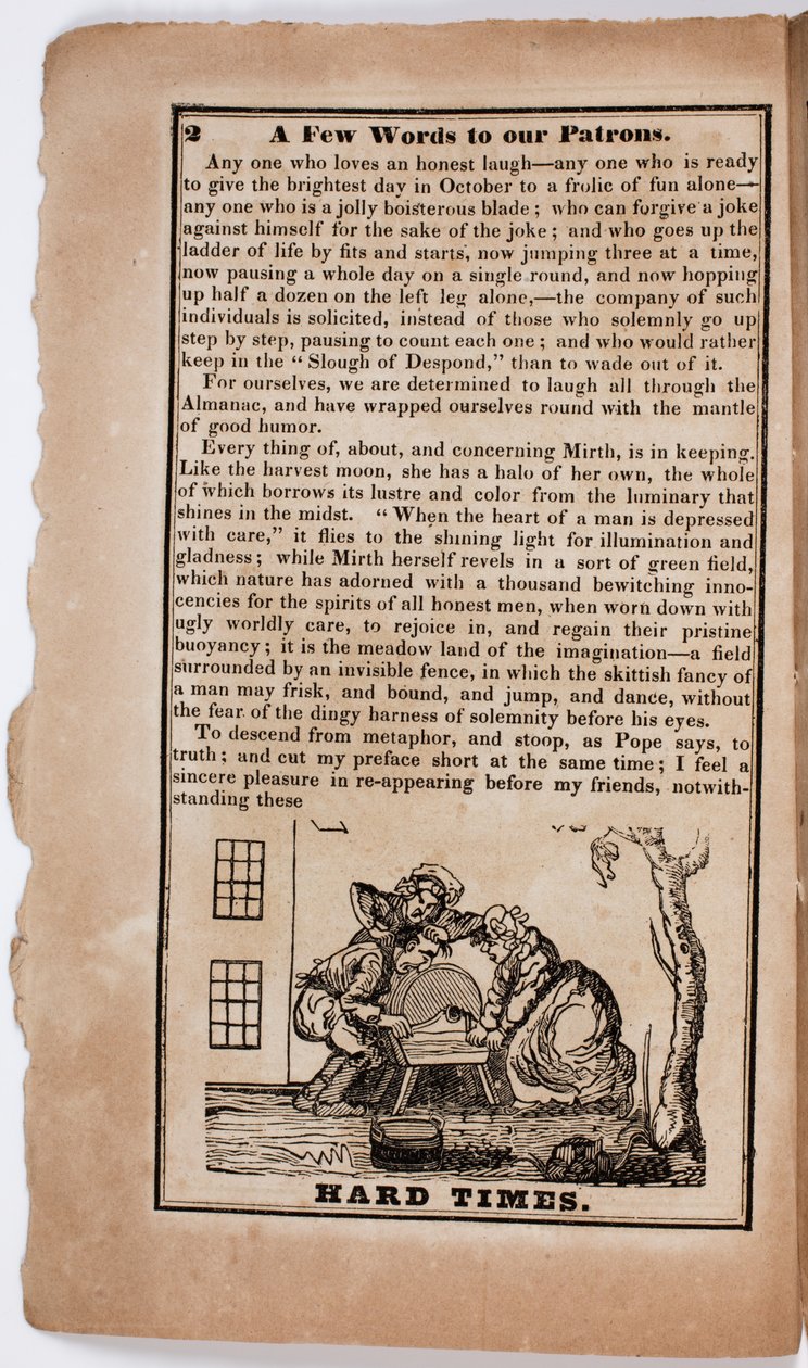 Hard Times、1838年のThe American Comic Almanacの2ページ 作： アメリカの学校