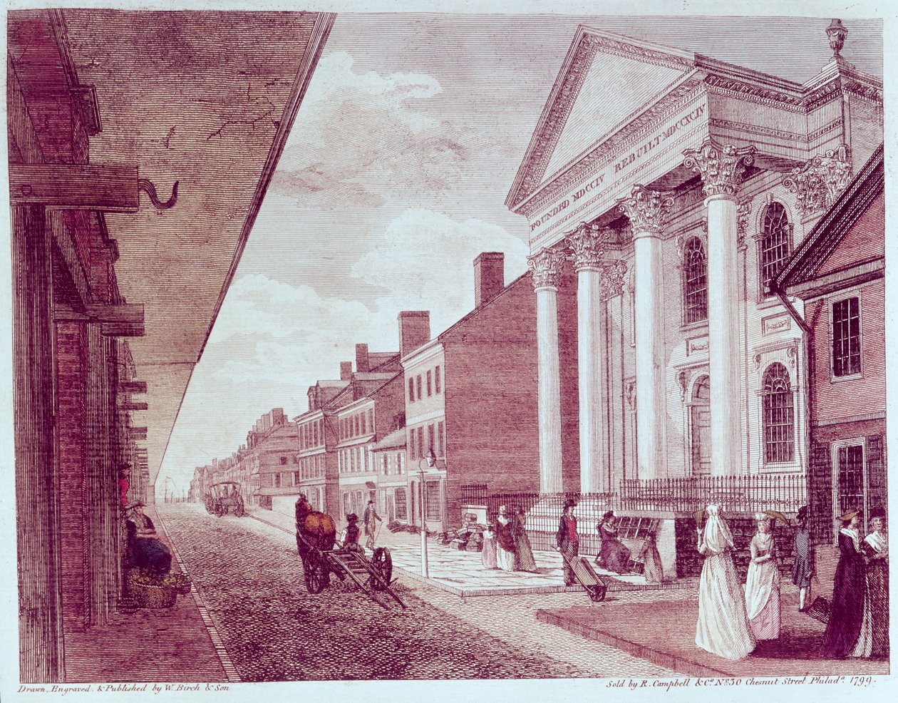 1799年にフィラデルフィアにある最初の長老派教会のある大通り 作： アメリカの学校