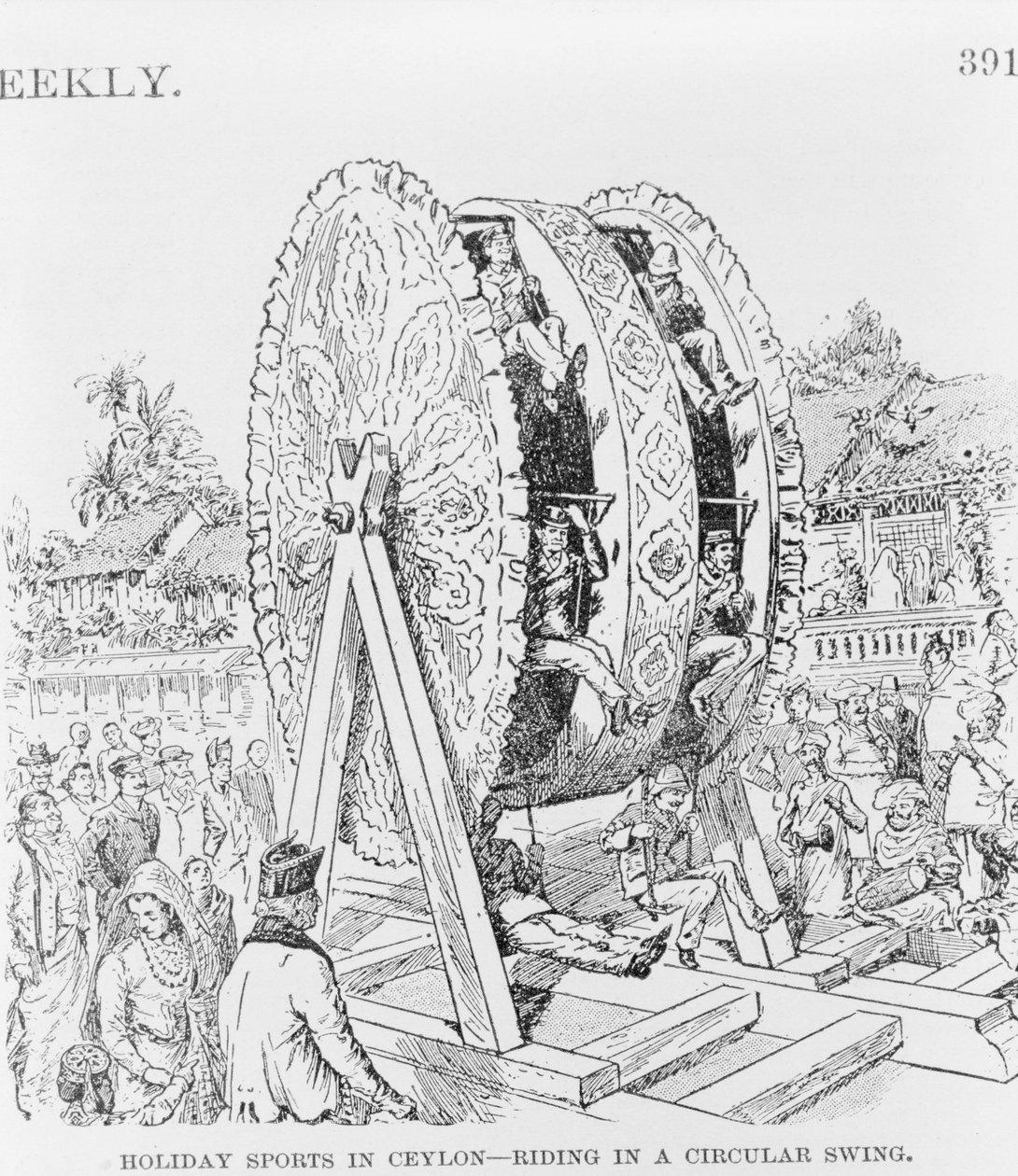 セイロンの休日のスポーツ、丸い車輪に乗って、1893年頃（イラスト 作： アメリカの学校