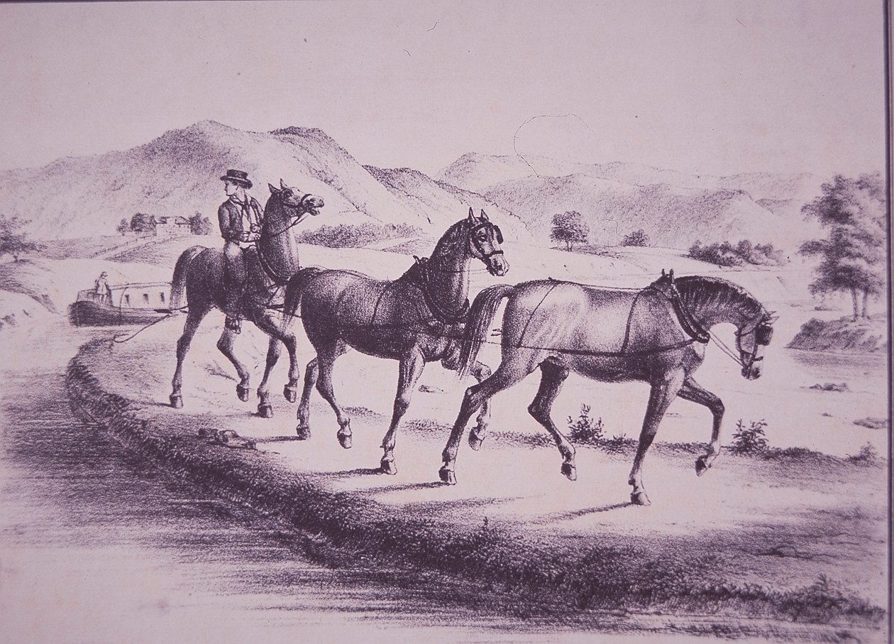 エリー運河でカナルボートを引く馬たち（彫刻 作： アメリカの学校