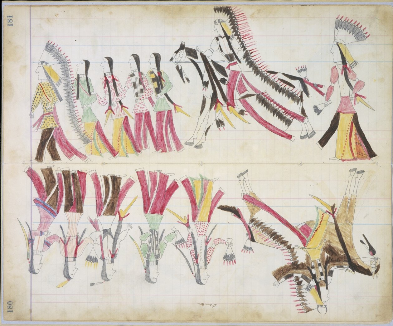 インドの踊り、1877年から79年までの黒い馬の元帳のイラスト（紙に鉛筆とクレヨン） 作： アメリカの学校
