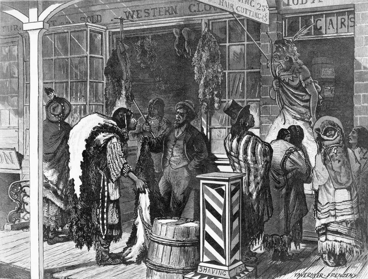 1875年11月13日「ハーパーズウィークリー」からのフロンティアタウンでのインディアンの取引 作： アメリカの学校