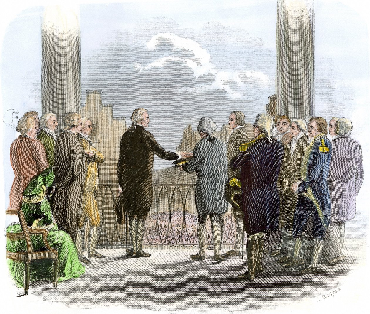 ジョージ・ワシントン（1732-1799）の任命式（カラー版画） 作： アメリカの学校