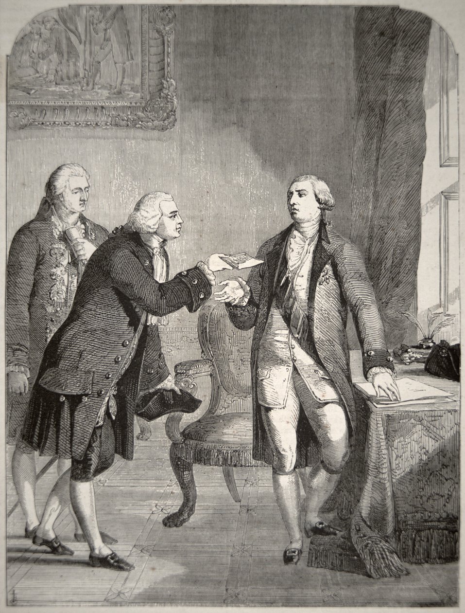 ジョージ3世（1738-1820）に信任状を提出する第一次アメリカ大使ジョン・アダムス（1735-1826）（リトグラフ 作： アメリカの学校