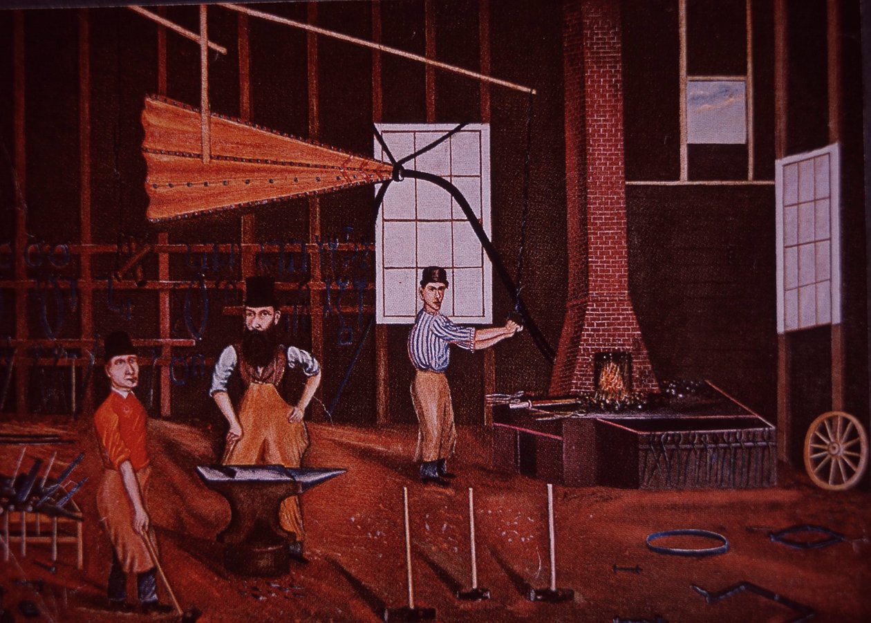 ドイツ系アメリカ人のワゴンメーカー、ジョン・モーラー・スタッドベーカー（中央）の作業場、1858年頃（カラーリトグラフ 作： アメリカの学校