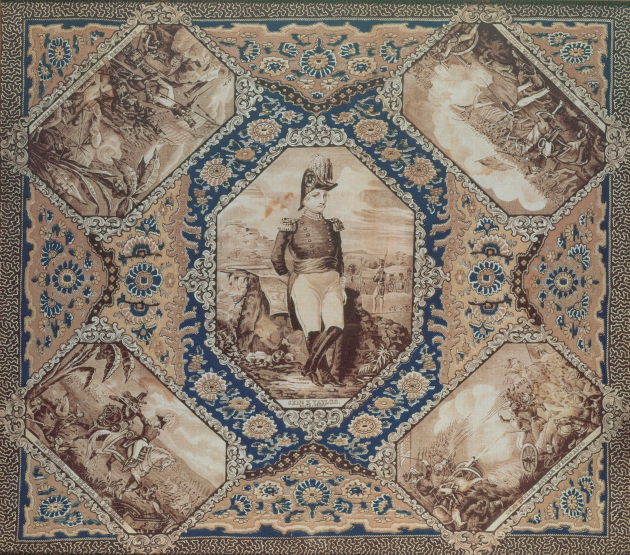 ザカリーテイラーの肖像画とメキシコ戦争の戦い（1846-8）、1848年（綿）のハンカチ 作： アメリカの学校