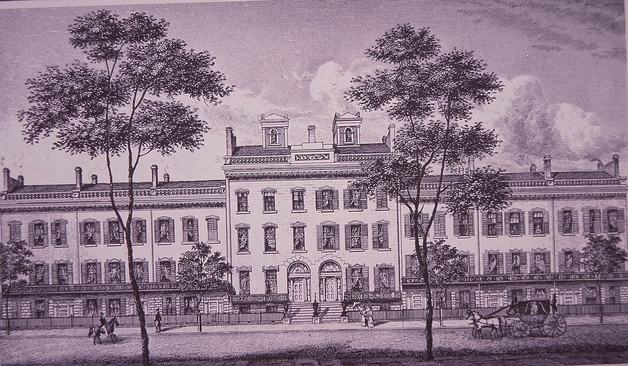 1831年のルロイ・プレイス、現在のグリニッジ・ビレッジのブリーカー・ストリートの一部（刻印 作： アメリカの学校