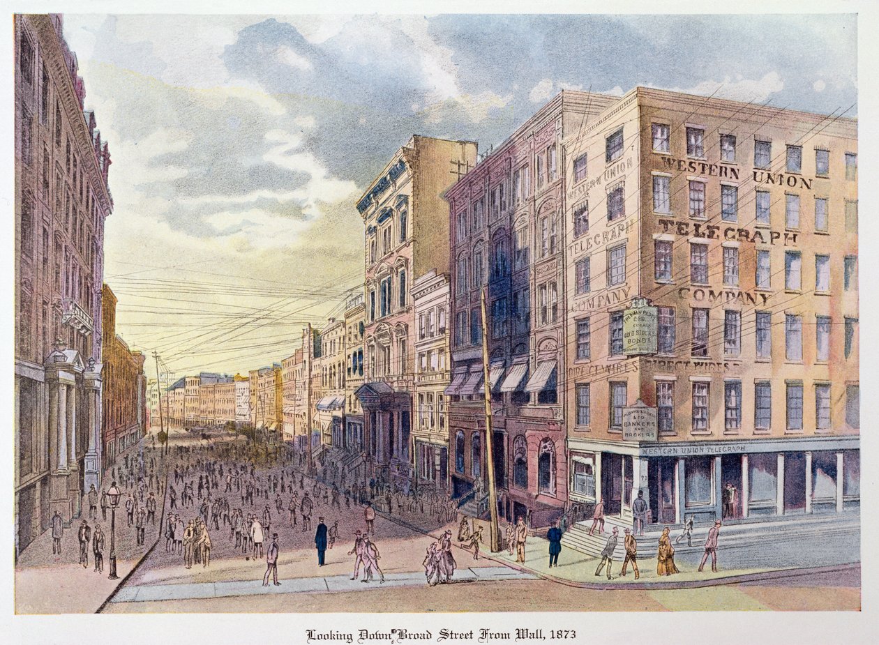 1873年にウォールからブロードストリートを見下ろし、オールドニューヨークからのイラスト、昨日と今日のヘンリーコリンズブラウン作、1922年 作： アメリカの学校