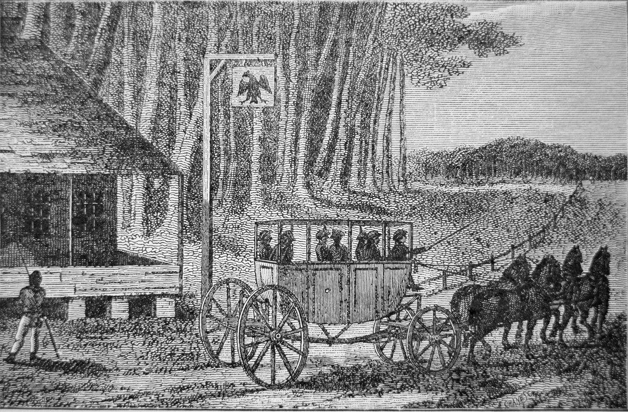 アイザック・ウェルド(1774-1856)の「北米旅行記」1795年の挿絵「郵便馬車」(エングレービング) 作： アメリカの学校
