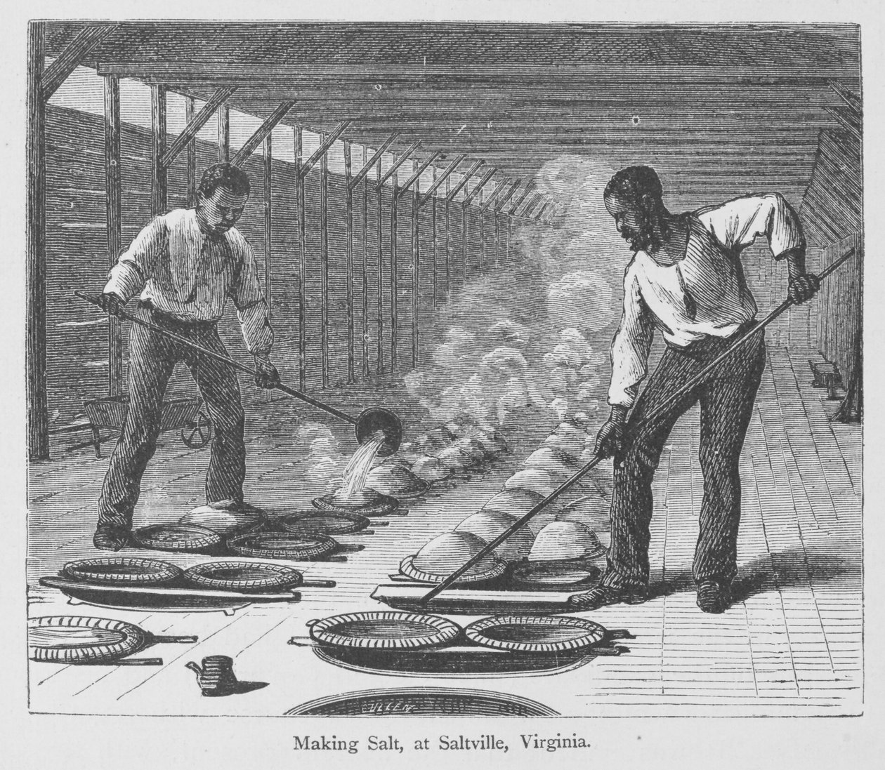 バージニア州スラットヴィルでの塩作り（1874年頃に出版されたエドワード・キングの「The Great South」より）（彫刻 作： アメリカの学校