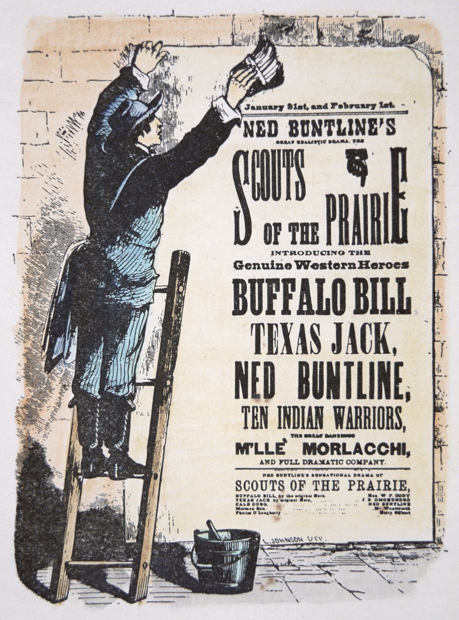 バッファロー・ビル・コーディ（1846-1917）、テキサス・ジャック（1846-79）、ネッド・バントライン（1823-86）が出演する演劇「大草原の斥候」の請求書を掲示している男性 1874年頃（彩色済みエングレーヴィング 作： アメリカの学校