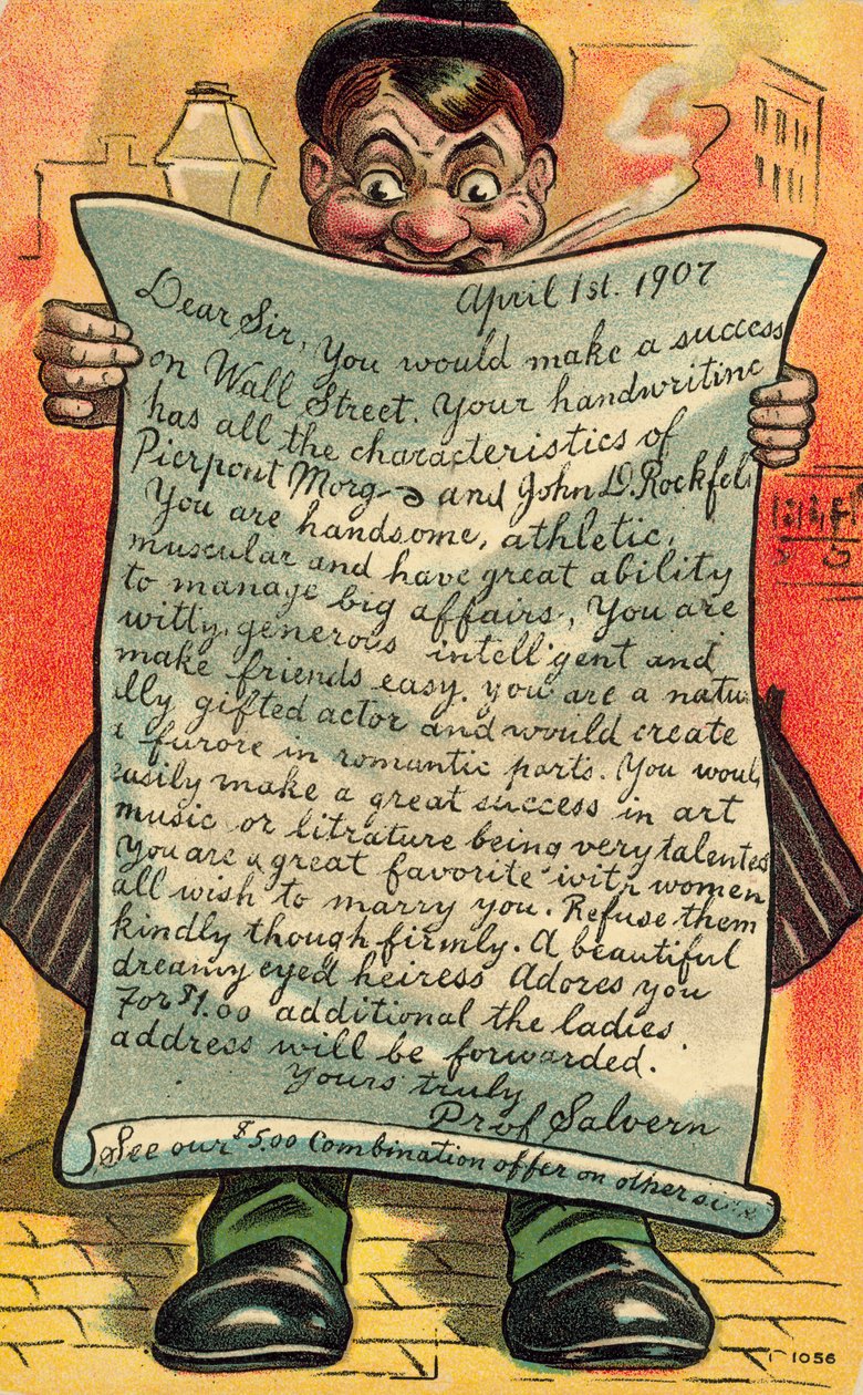 出世の見込みについて書かれたお世辞の手紙を読む男性（カラーリトグラフ） 作： アメリカの学校