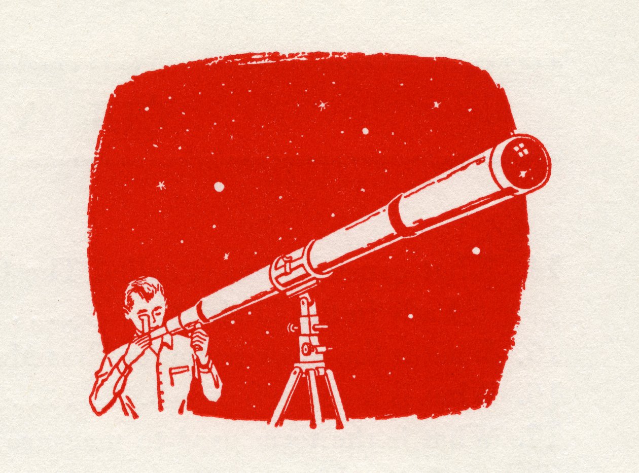 望遠鏡で星を見る男 作： アメリカの学校