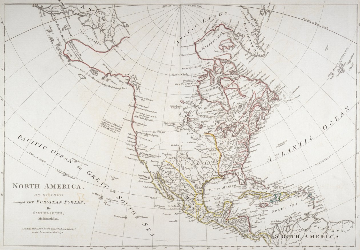 1774年にヨーロッパ大陸によって分割された北米を描いた地図 作： アメリカの学校