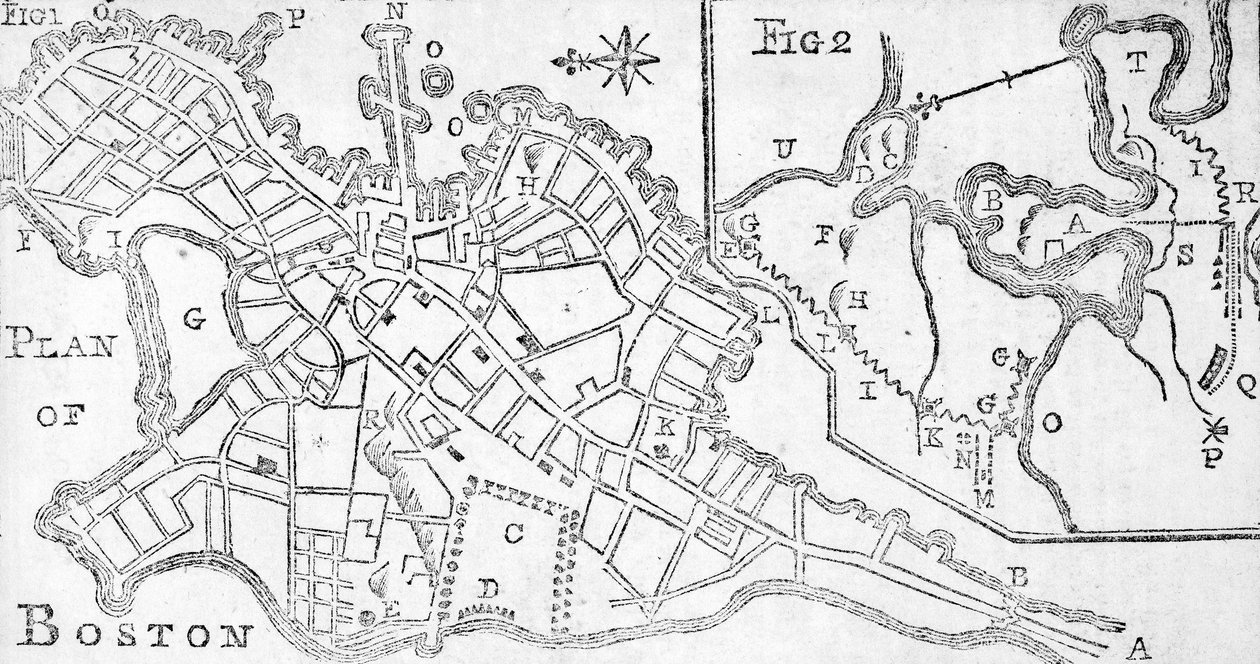 ボストンの地図、Bickerstaffs Albany Almanack、1776年（印刷） 作： アメリカの学校