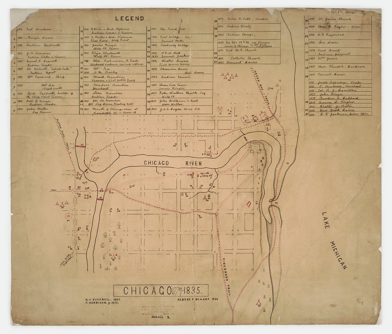 1835年頃、イリノイ州シカゴの歴史的な家屋や遺跡の地図 作： アメリカの学校