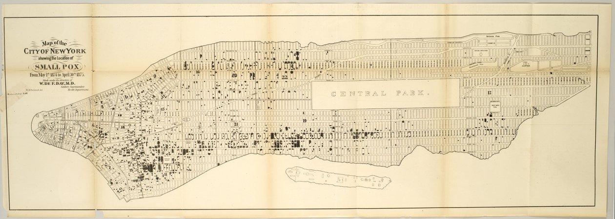 1874年5月1日から1875年4月30日までの小水疱瘡の発生場所を示すニューヨーク市の地図。 作： アメリカの学校