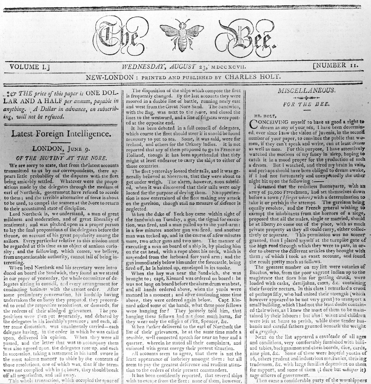蜂のマストヘッド、1797年8月23日印刷（印刷） 作： アメリカの学校