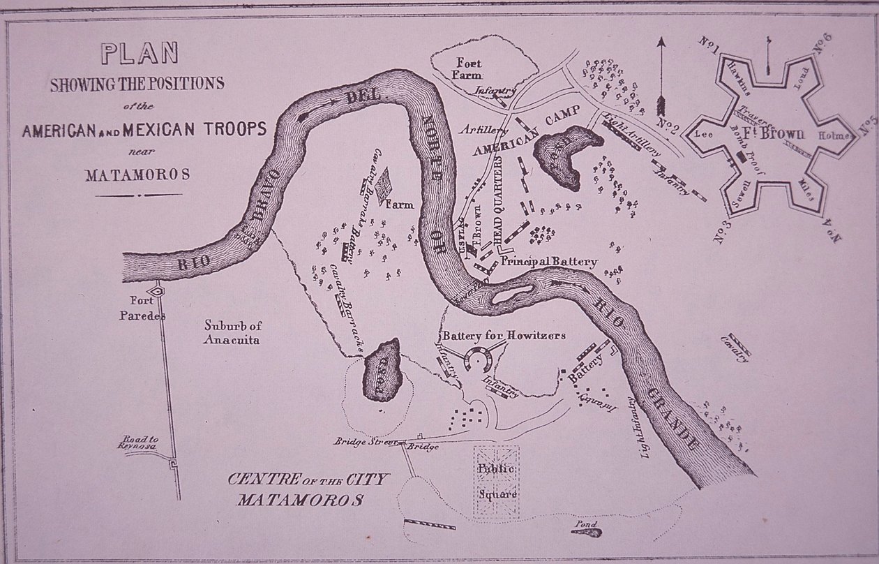 米墨戦争(1846-48)、リオグランデとマタモロス付近の米軍の地図 作： アメリカの学校