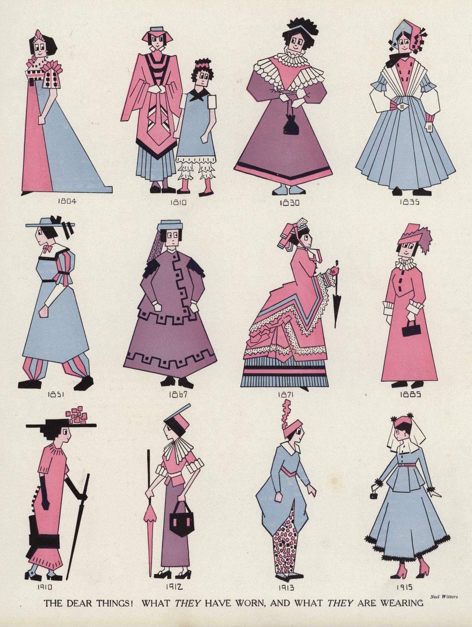 時代を超えて女性のファッションをあざ笑う（カラーリトグラフ） 作： アメリカの学校