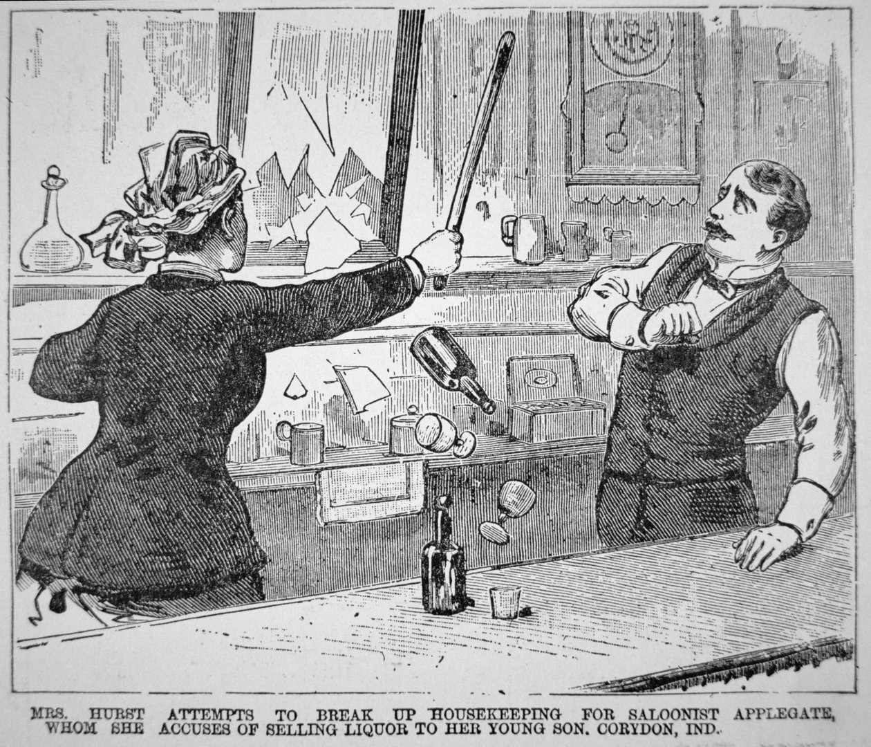 ミセス・ハーストがサルーンを壊す（「Police Gazette」より 作： アメリカの学校