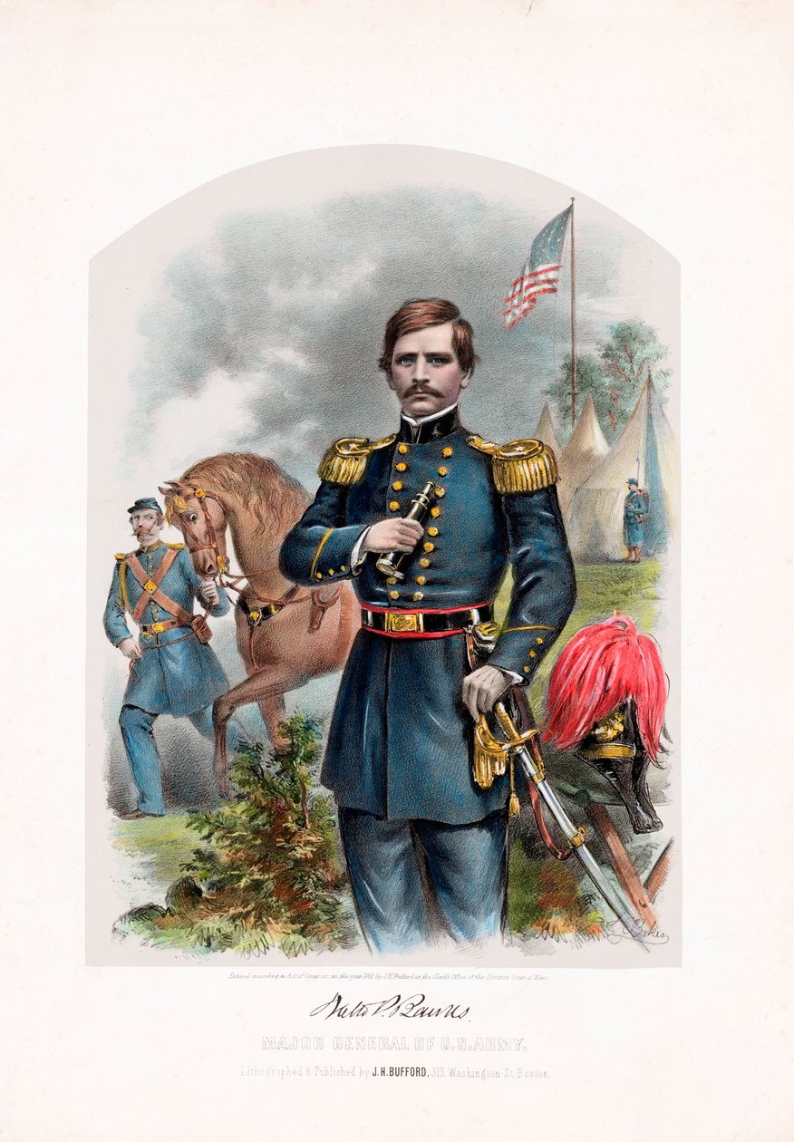 ナサニエル P. バンクス、米陸軍少将、パブ。 1861年カラーリトグラフ 作： アメリカの学校