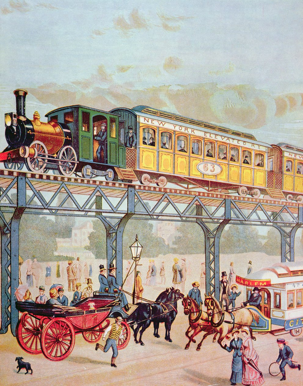 ニューヨーク高架鉄道、1880年頃（カラーリトグラフ 作： アメリカの学校