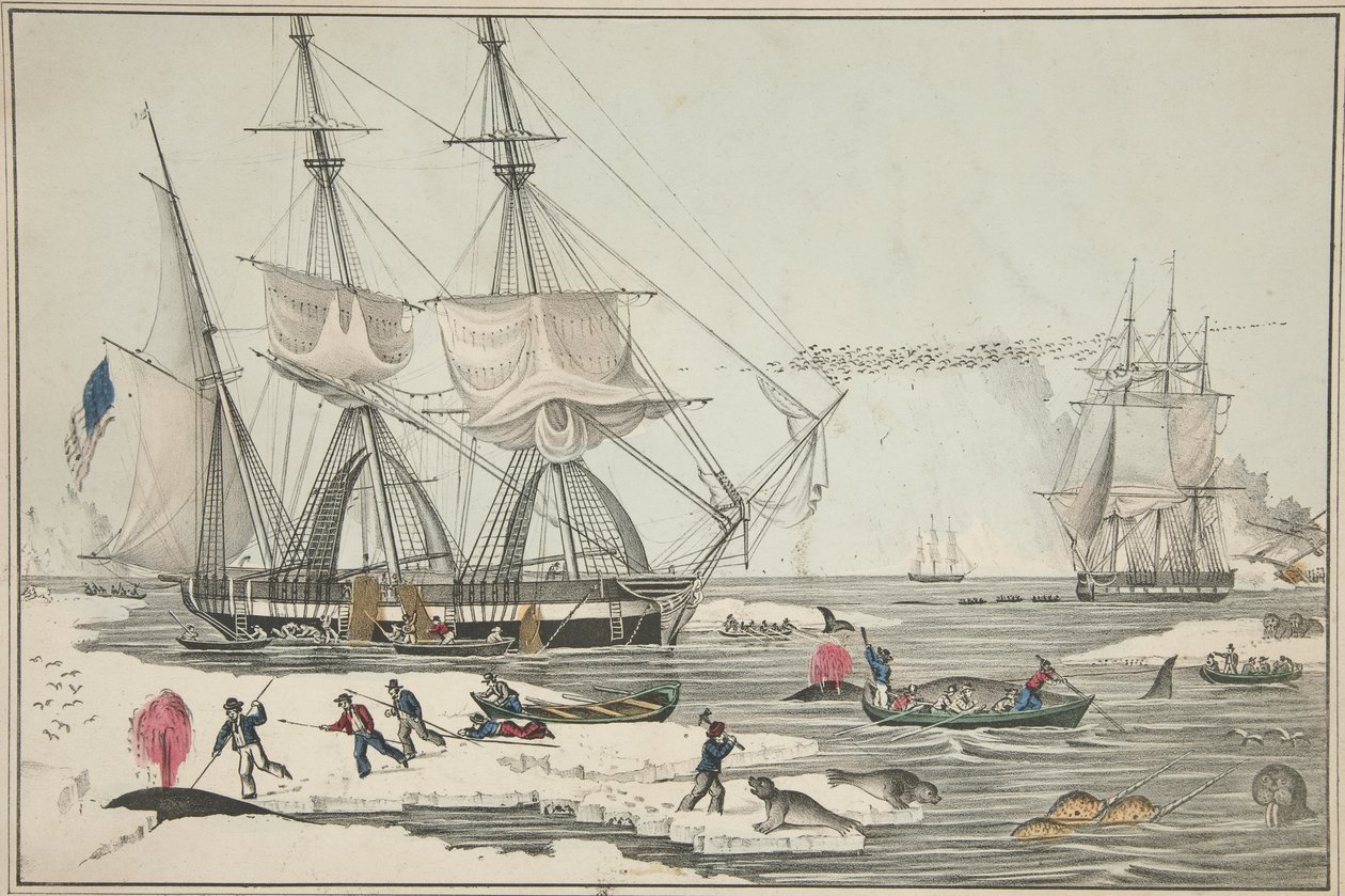 北海のクジラ漁、パブ。1860年（カラーリトグラフ 作： アメリカの学校