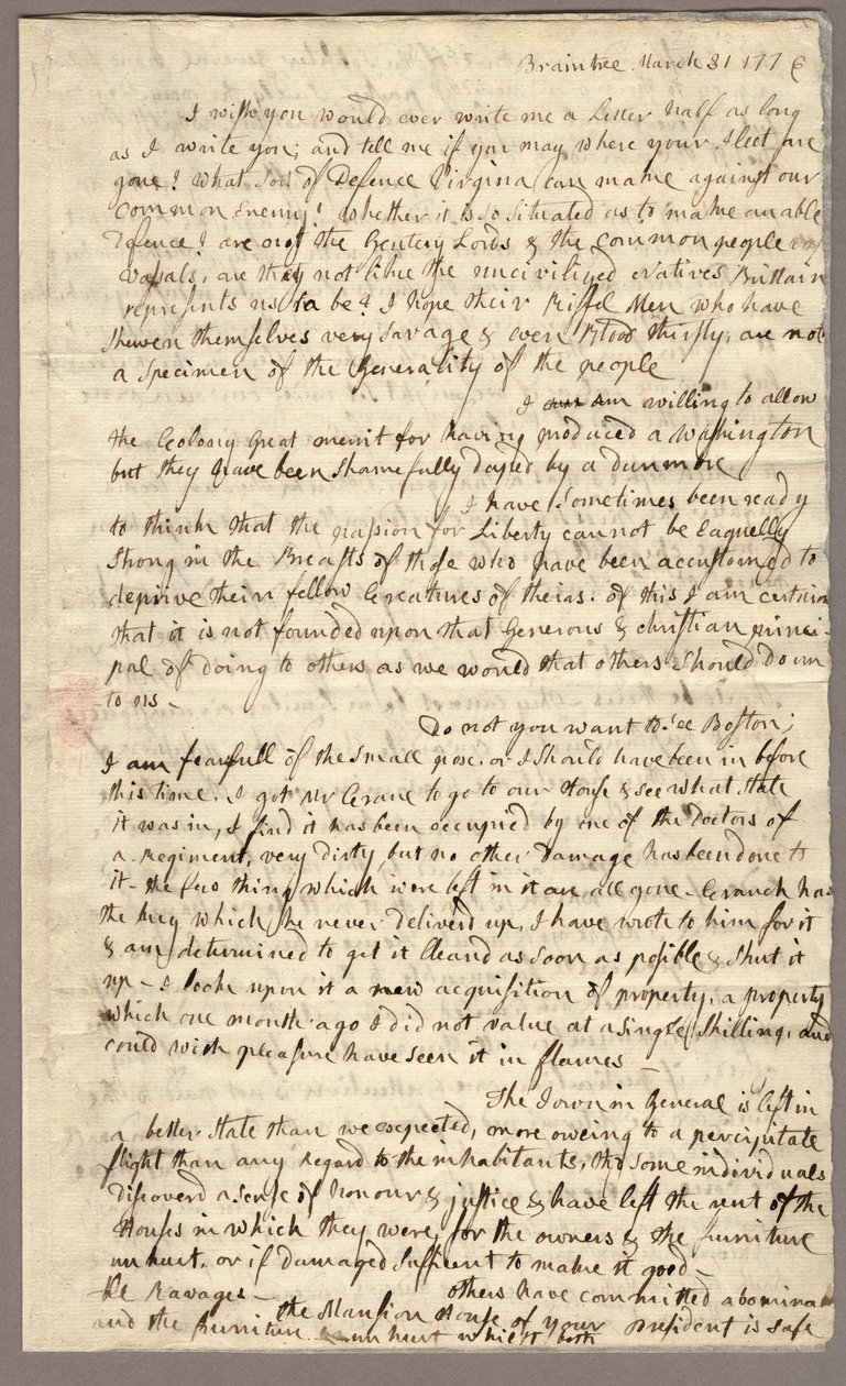 1ページ目、アビゲイル・アダムズからジョン・アダムズへの手紙、1776年3月31日～4月5日（紙にインク 作： アメリカの学校
