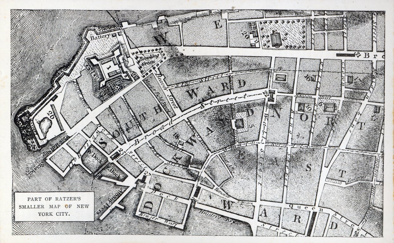 ベルナール・ラッツァーの小さなニューヨーク地図の一部（リトグラフ 作： アメリカの学校