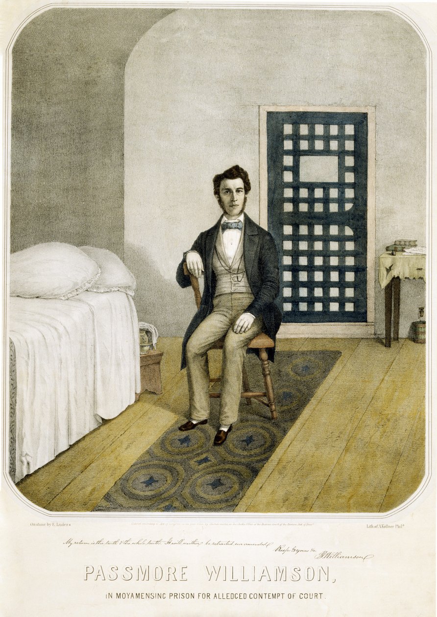 法廷侮辱罪でモヤメンシング刑務所に収監されているパスモア・ウィリアムソン。1855年（カラーリトグラフ） 作： アメリカの学校