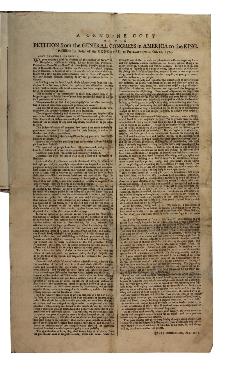 アメリカの総会から王への請願、大陸会議、1774年10月26日 作： アメリカの学校