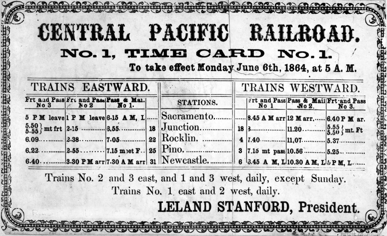 1864年6月6日、1864年の中央太平洋鉄道会社の元の時刻表の写真プリント 作： アメリカの学校