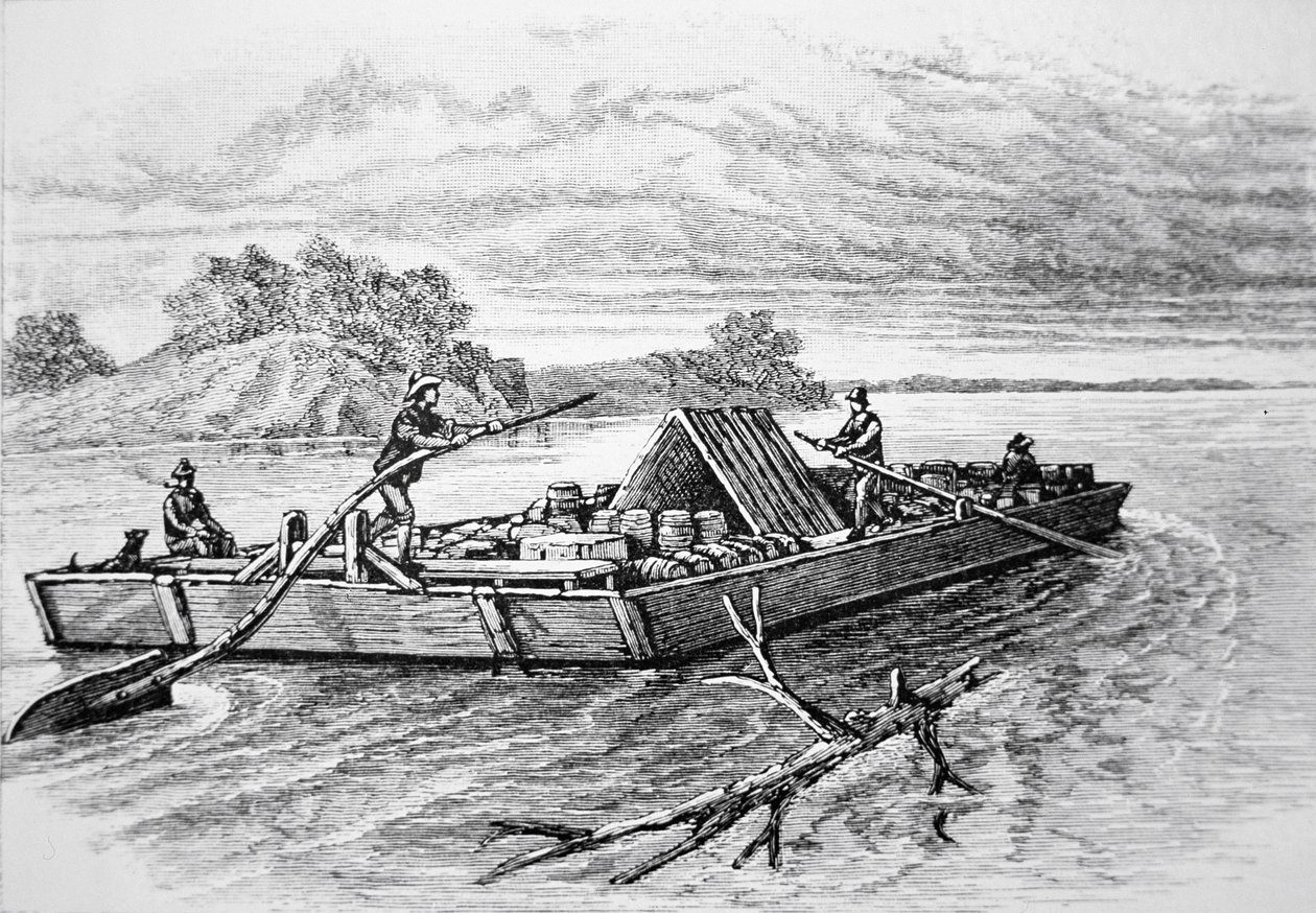 ミシシッピ川のパイオニア・フラットボート（1840年頃）（彫刻 作： アメリカの学校