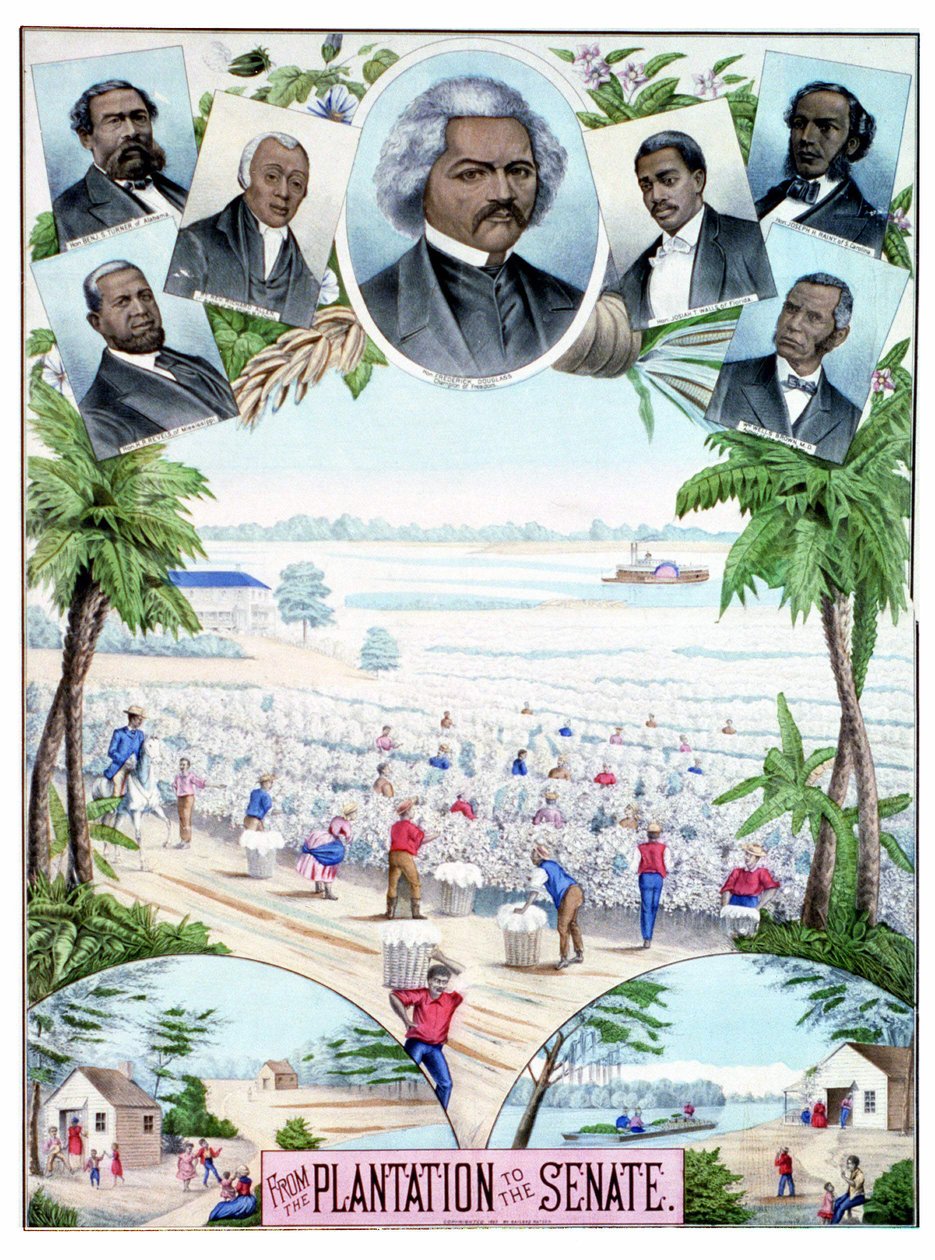 Plantations in the Senate（上院のプランテーション）：アメリカ南部の綿花プランテーションで働く黒人労働者と黒人上院議員を描いたイラスト。 作： アメリカの学校