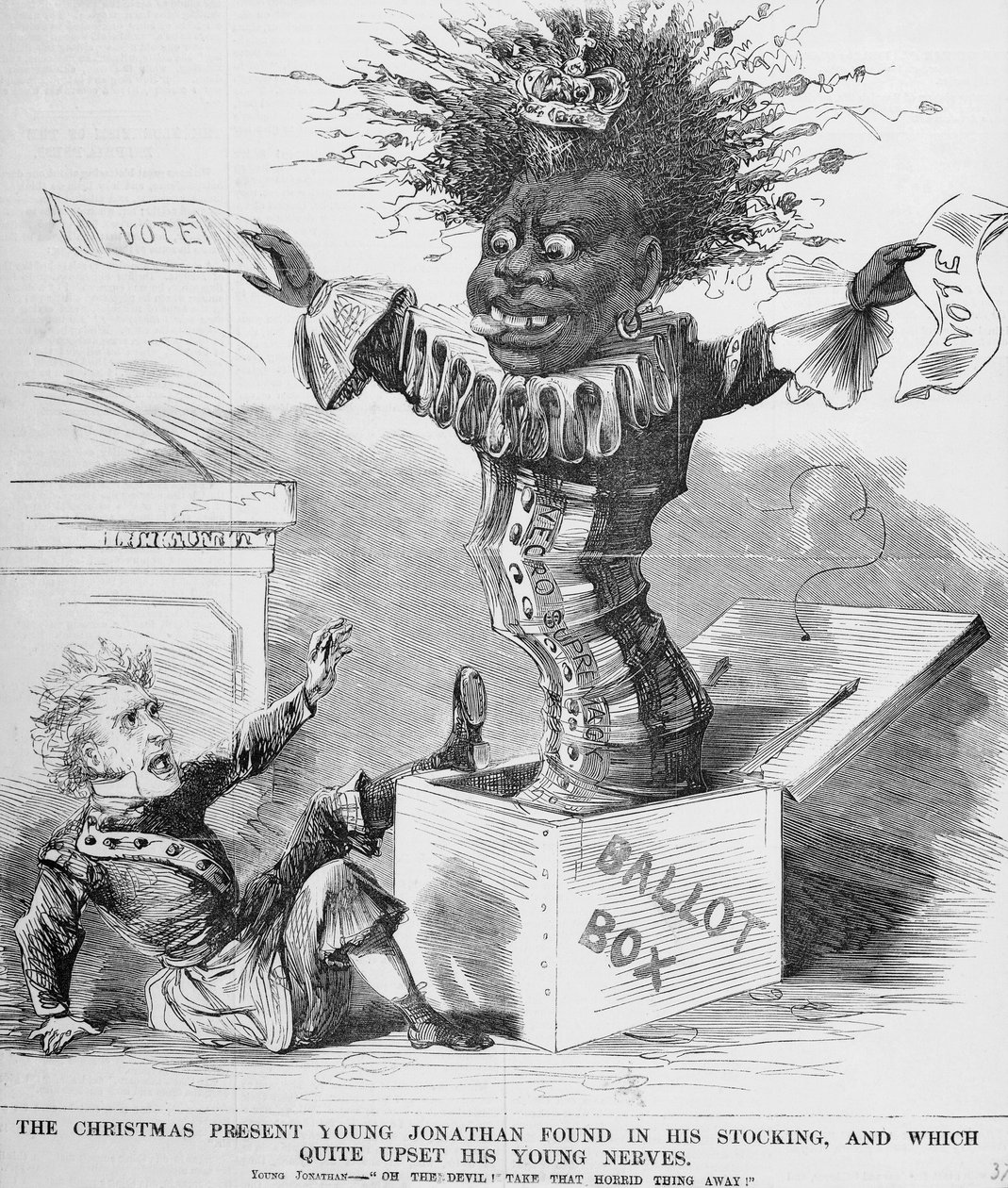 アンドリュージャクソン大統領（1767-1845）がアメリカでの黒人投票の見通しに怯えていることを描いた政治漫画 作： アメリカの学校