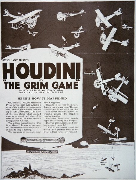 フーディーニ主演の「The Grim Game」の宣伝ポスター 作： アメリカの学校