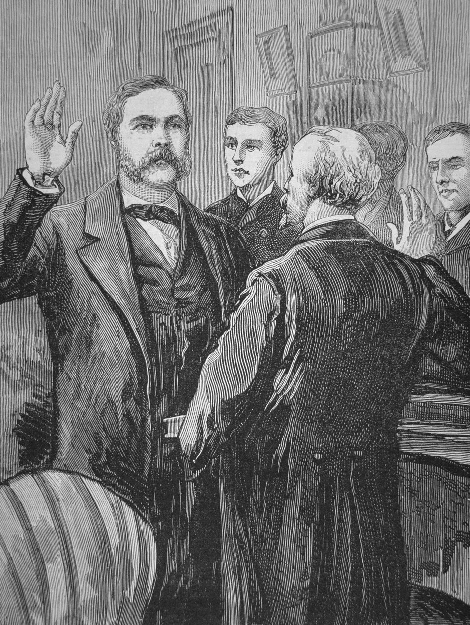 1881年9月20日、ジェームズ・ガーフィールドの死後、就任宣誓をするチェスター・A・アーサー大統領（リトグラフ版 作： アメリカの学校