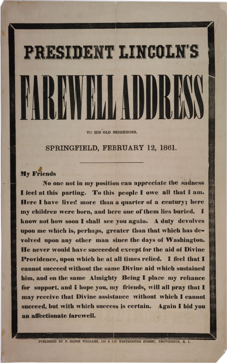 1861年2月12日、スプリングフィールドの旧隣人へのリンカーンフェアウェル大統領の挨拶 作： アメリカの学校