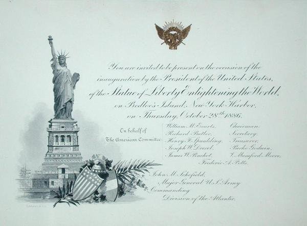 1886 年 10 月 28 日木曜日、自由の女神像の就任式への大統領招待状 (彫刻) 作： アメリカの学校