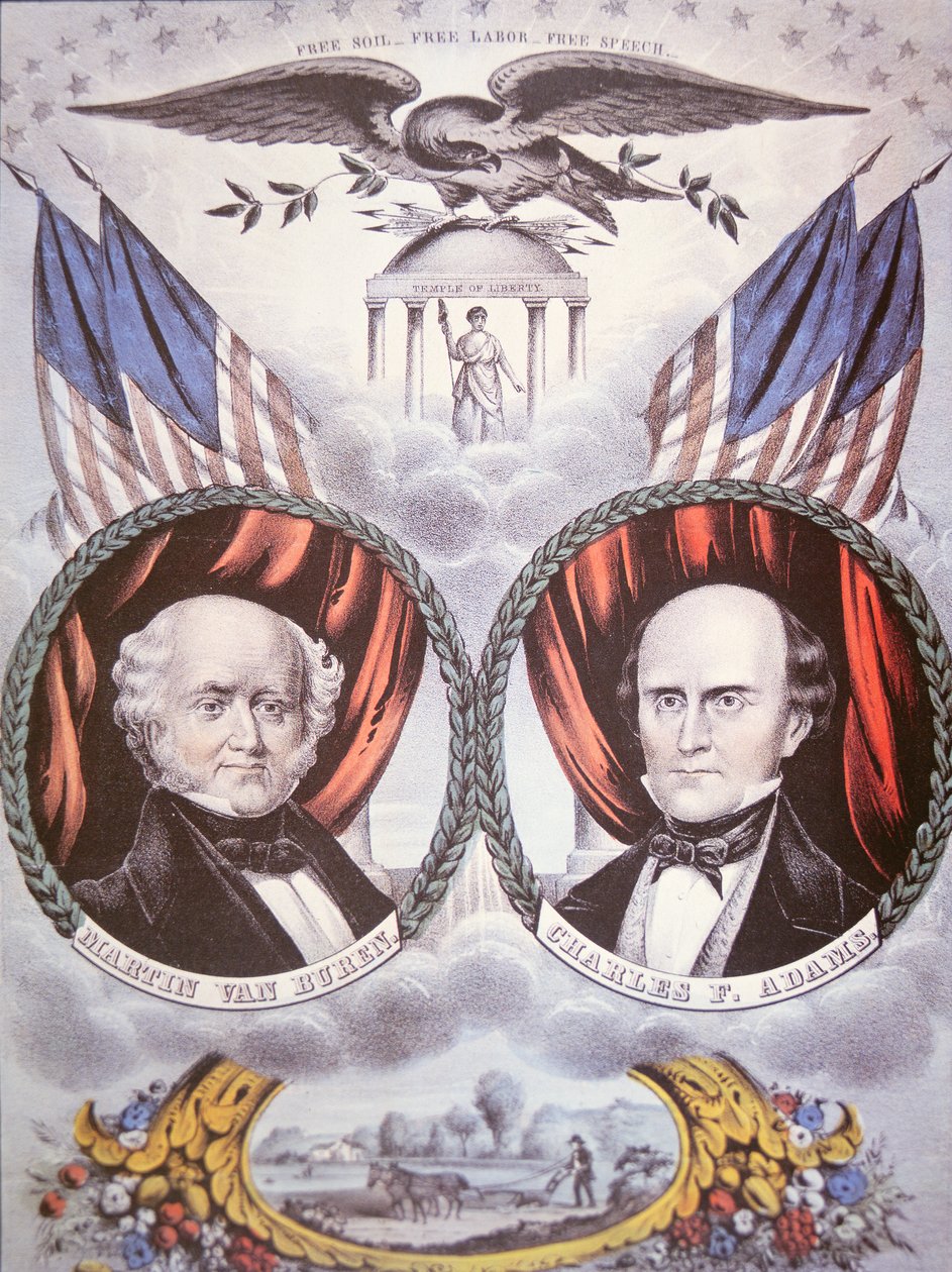 自由土壌党」のマーティン・バン・ビューレン（1782-1862）とチャールズ・F・アダムス（1807-86）が描かれた大統領選挙ポスター 作： アメリカの学校