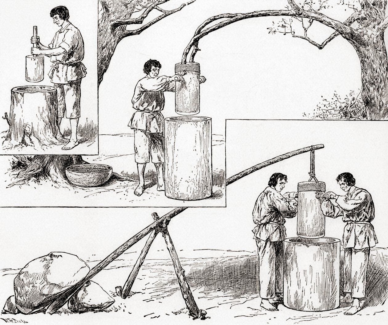 原始的なトウモロコシの挽き方（1884年発行の「The Century Illustrated Monthly Magazine」より）（木版画 作： アメリカの学校