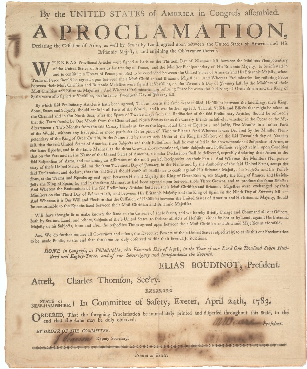 1783年4月24日、武器の停止と戦争の終結を宣言する議会の宣言 作： アメリカの学校