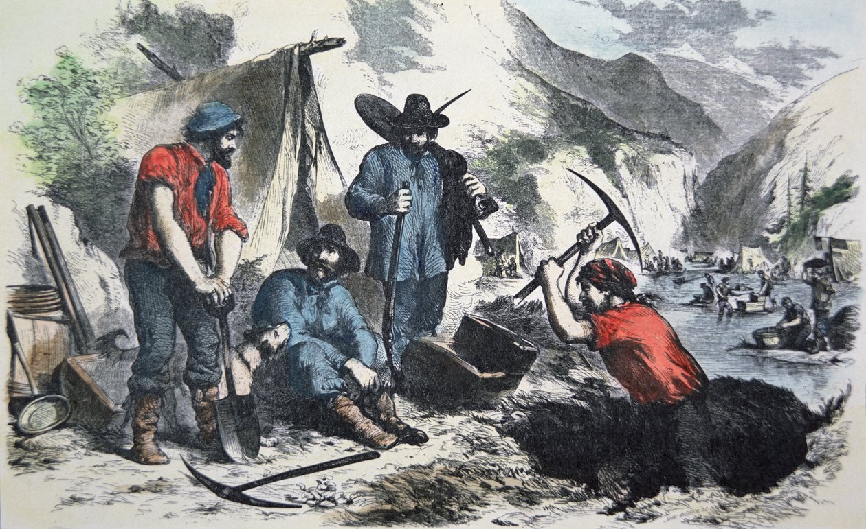 1849年のカリフォルニア・ゴールドラッシュの探鉱者たち（カラーリトグラフ 作： アメリカの学校