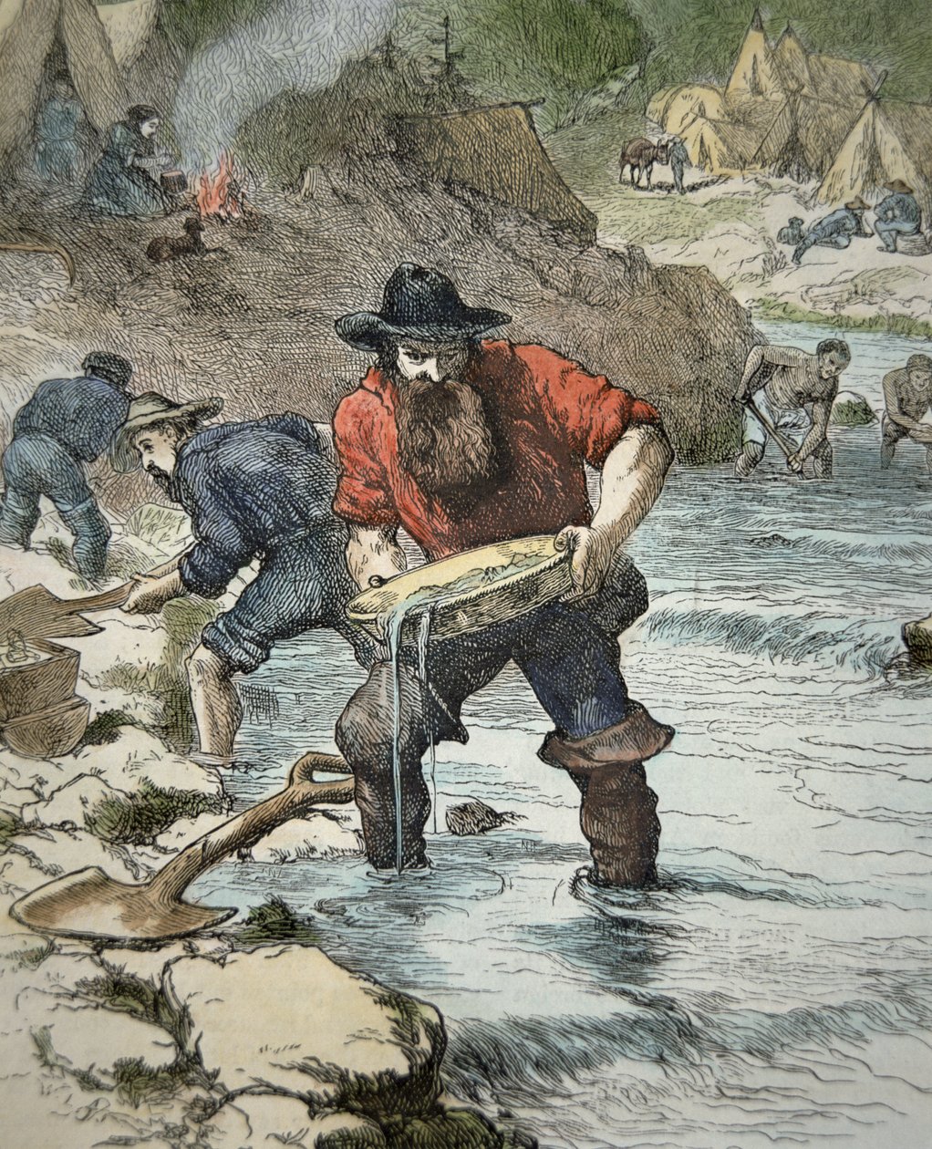1849年のカリフォルニア・ゴールドラッシュで金を採掘する探鉱者たち（カラー図版 作： アメリカの学校